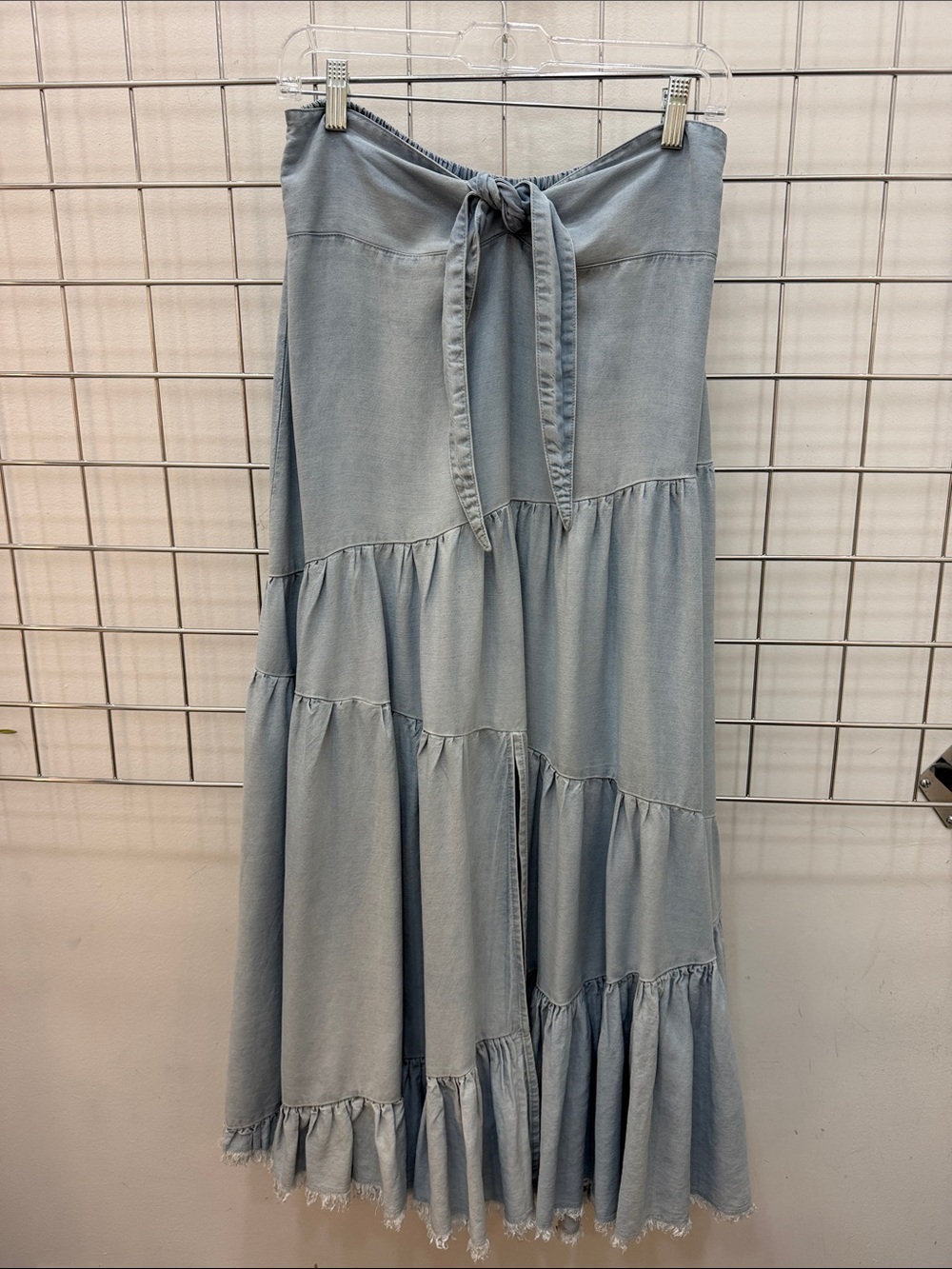 Light Blue Tiered denim Maxi Skirt with Front Tie